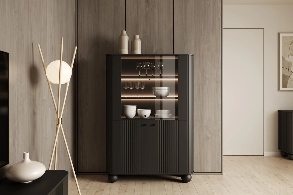 Vesper vitrin 103 cm - fekete / fekete fogantyúk / gömb lábak