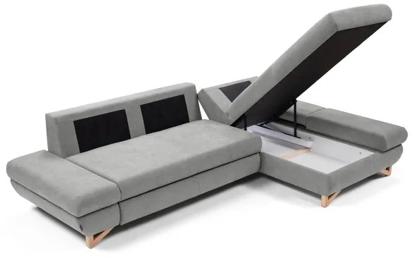 Ággyá nyitható kárpitozott L-alakú sarokülőgarnitúra AVESTA jobb oldali szürke