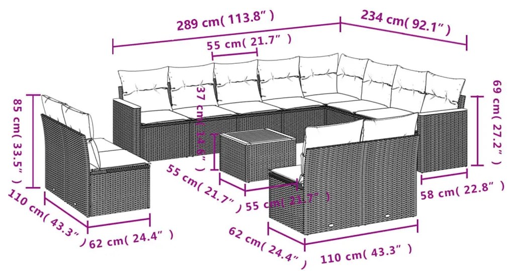 13 részes fekete polyrattan kerti ülőgarnitúra párnákkal