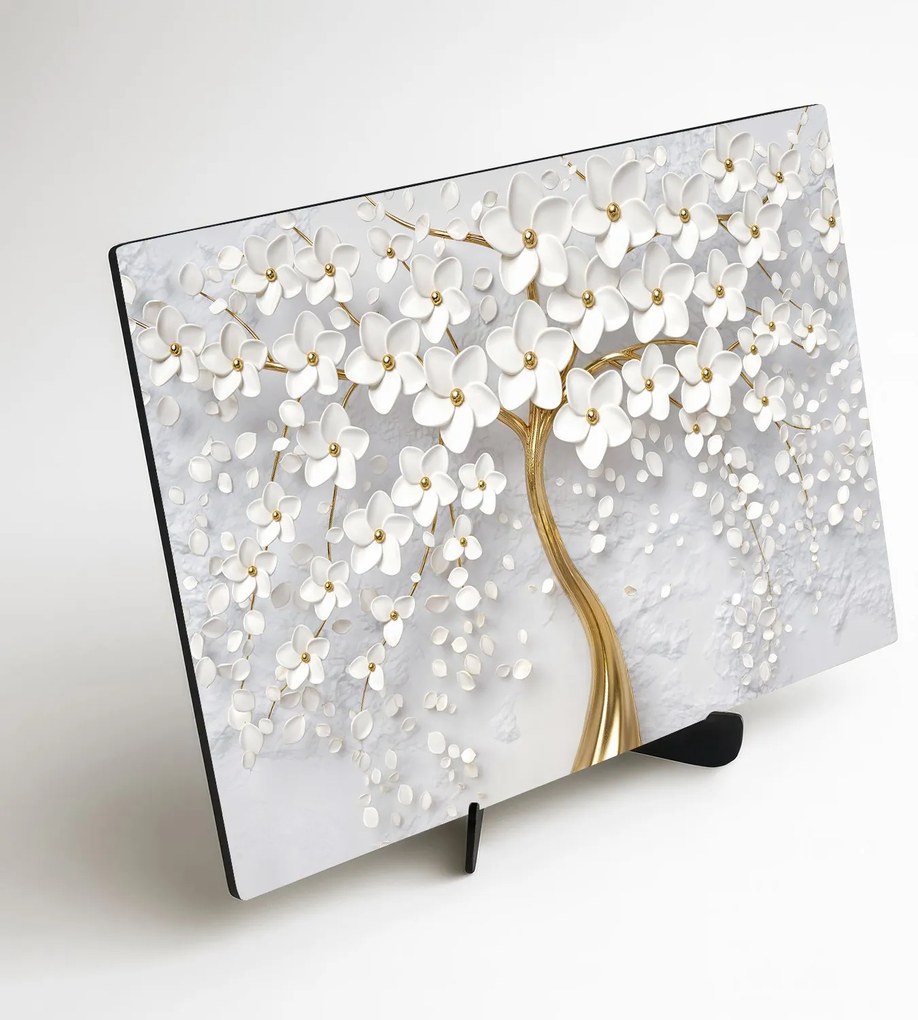 DUBLEZ | Falikép fából – Arany fa fehér virágokkal