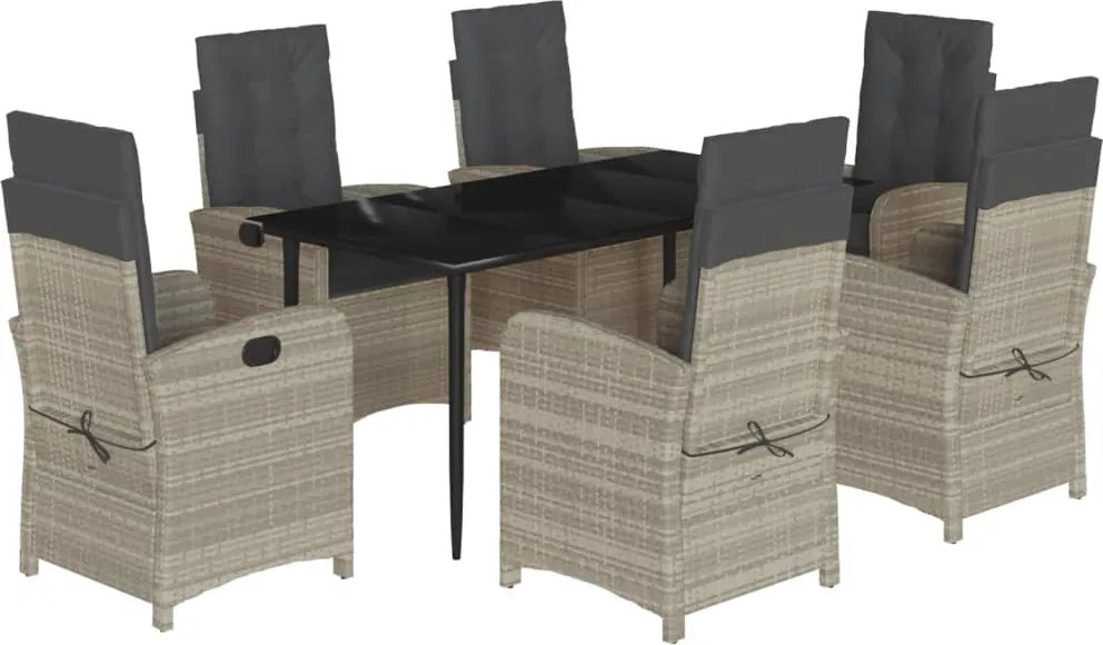 vidaXL 7 részes világosszürke polyrattan kerti étkezőszett párnával