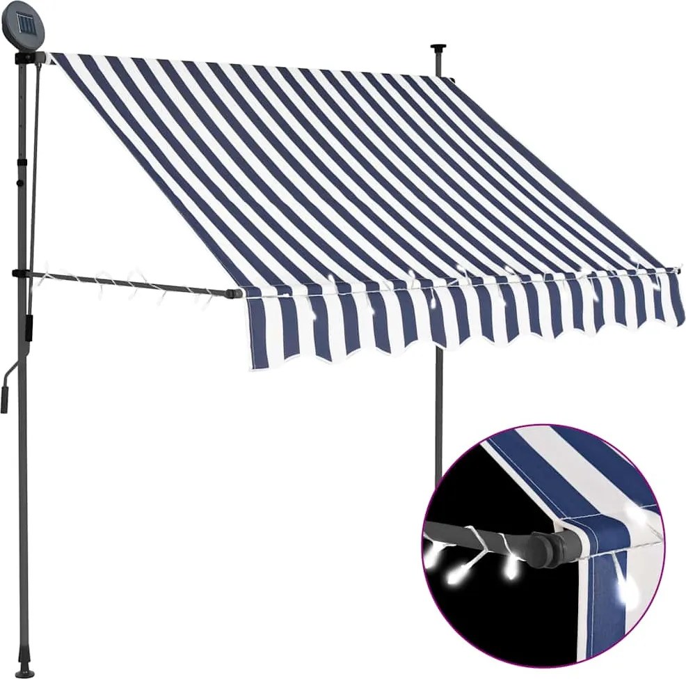 vidaXL kék és fehér kézzel feltekerhető LED-es napellenző 100 cm