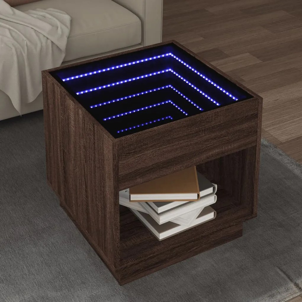 Barna tölgy végtelen hatású LED-es dohányzóasztal 50x50x50 cm