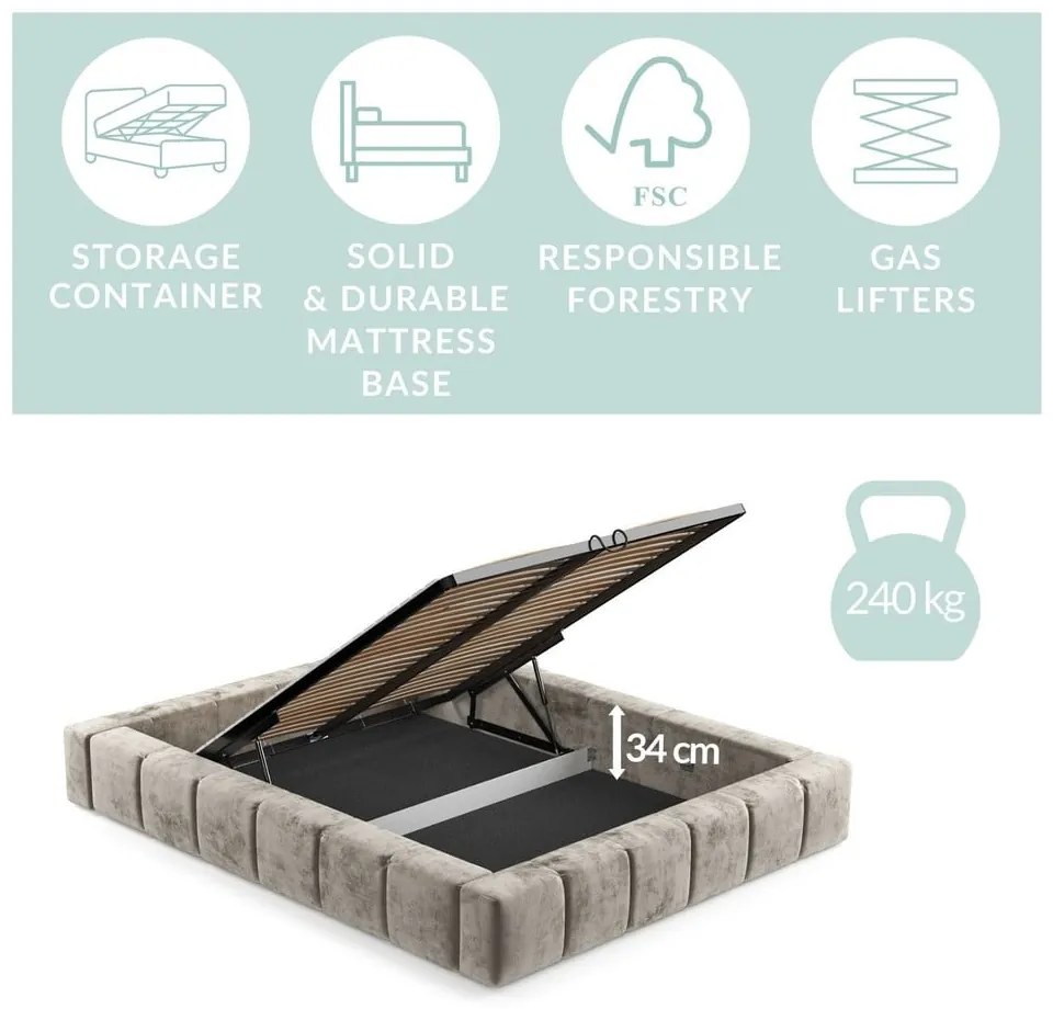 Barna kárpitozott ágyneműtartós franciaágy ágyráccsal 200x200 cm Aruba L – Maison de Rêve