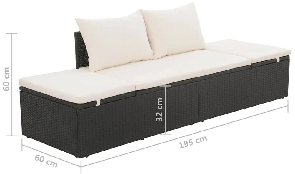 fekete polyrattan kerti ágy 195 x 60 cm