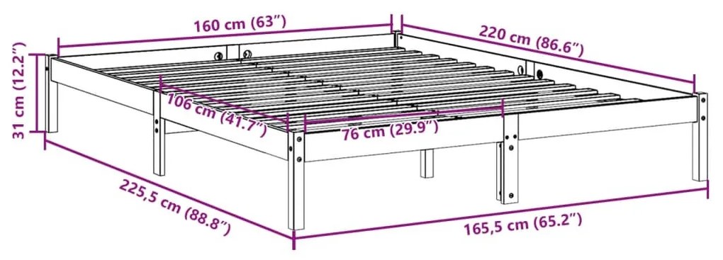 fehér tömör fenyő extra hosszú ágykeret matrac nélkül 160x220cm