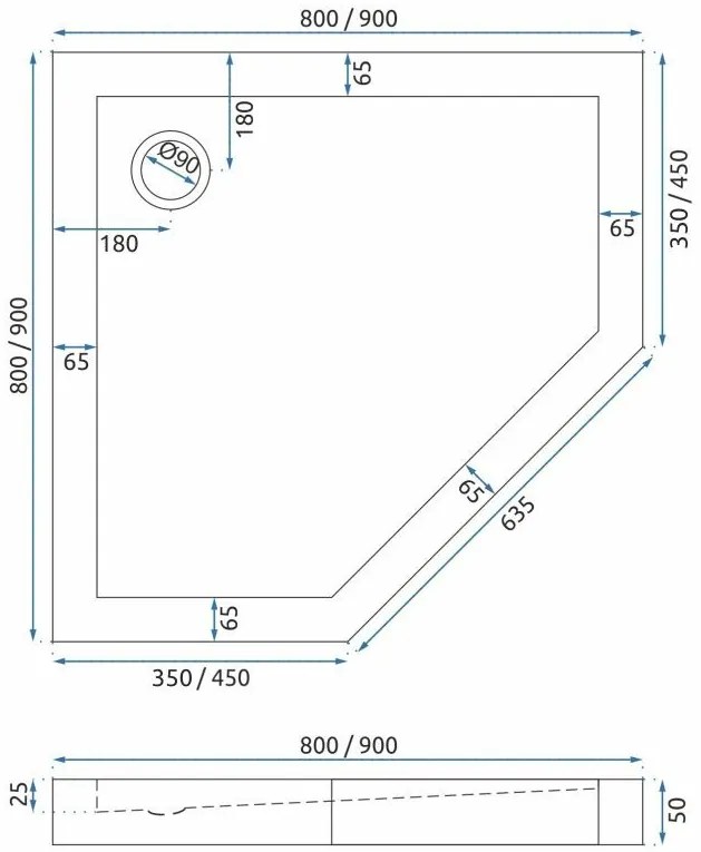 Rea Diamond, 5-szögletes zuhanykabin 90x90, 6 mm-es átlátszó üveg, matt arany profil + fehér zuhanytálca, KPL-K6506