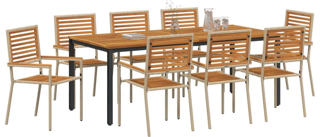 9 darabos kerti étkező garnitúra bézs poli rattan akáccal, Összecsukható kerti szék párnákkal - 2 db bézs poli rattanban, Kerti asztal 200x90x75 cm tömör akácfa és fém