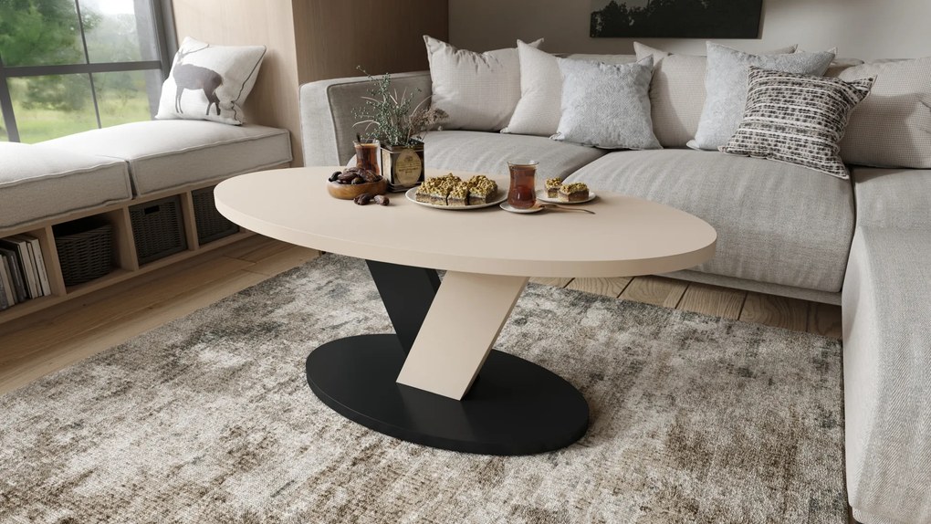 Mazzoni LOVA Bézs/Fekete - OVÁLIS DOHÁNYZÓASZTAL 110x60 cm MODERN KÁVÉZÓ ASZTAL