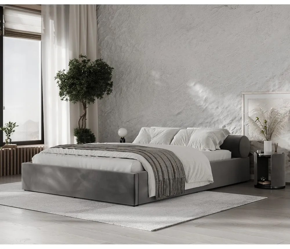 Sötétszürke kárpitozott ágyneműtartós franciaágy ágyráccsal 180x200 cm Solvo – Maison de Rêve