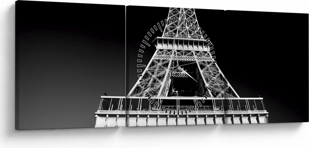 Kép - Eiffel-torony, fekete-fehér (órával) (90x30 cm)
