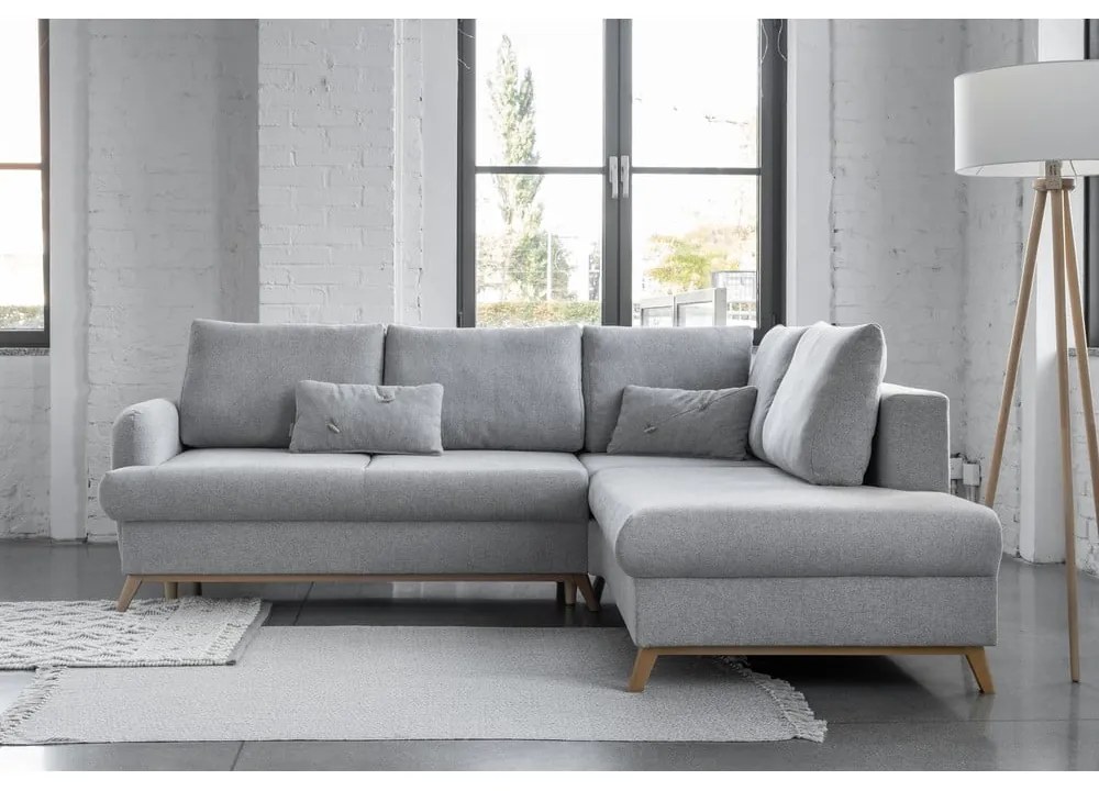 Világosszürke kinyitható-tárolóhelyes sarokkanapé (jobb oldali-L alakú) Scandic Lagom – Miuform