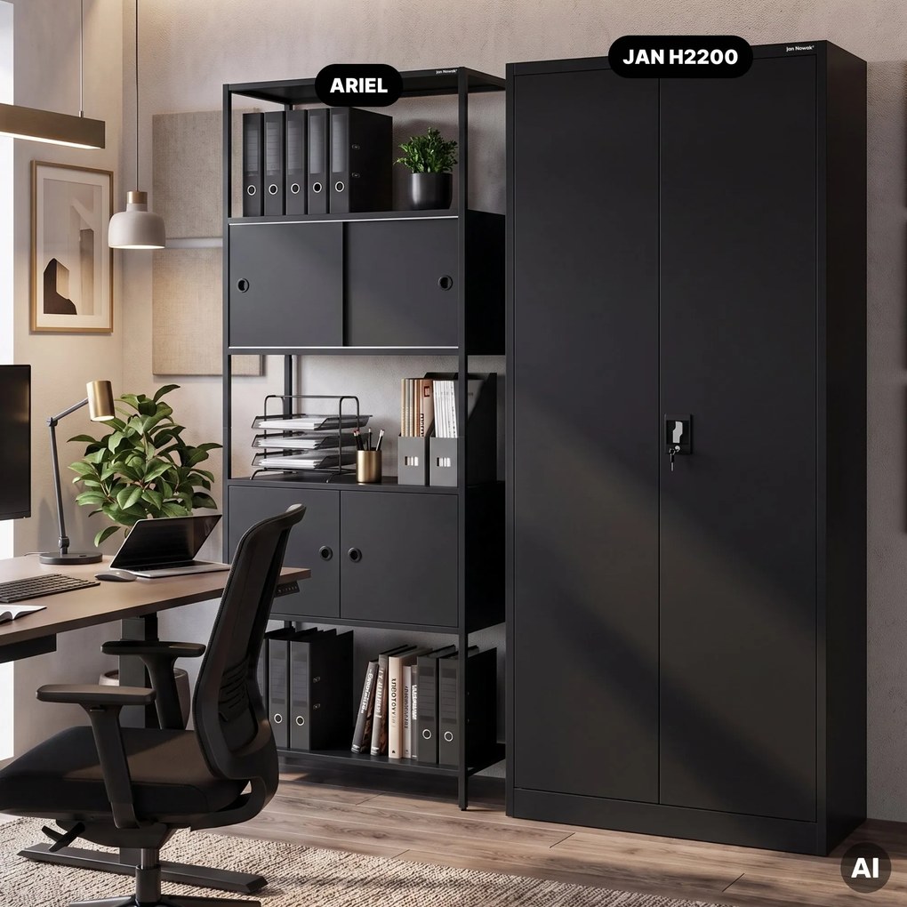 Iratrendező polc zárható szekrénnyel, irodai, nyitott polcok, fém fekete, 800x2200x400 mm: ARIEL