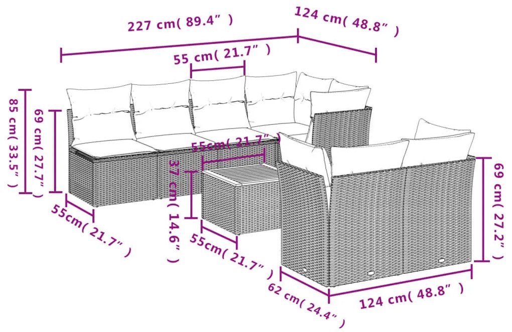 8 részes fekete polyrattan kerti ülőgarnitúra párnákkal