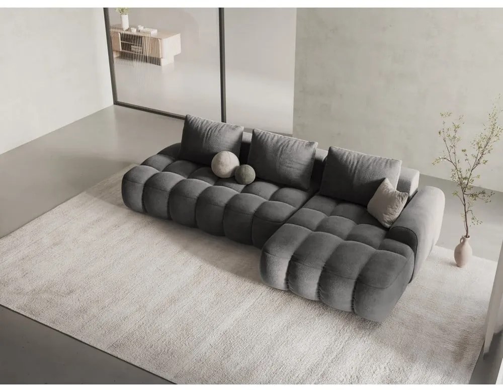 Szürke bársony kinyitható-tárolóhelyes sarokkanapé (jobb oldali-heverő résszel) Linz – Cosmopolitan Design