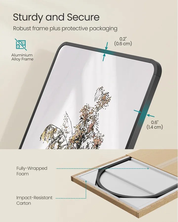 Állványos tükör, téglalap alakú, fekete, edzett üvegből, 150 x 40 cm