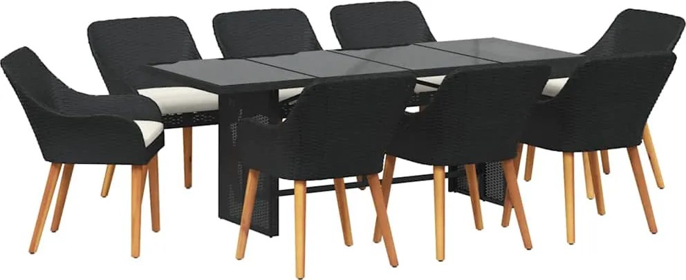 vidaXL Kert étkező szett párnával 9 pcs Fekete polirattan