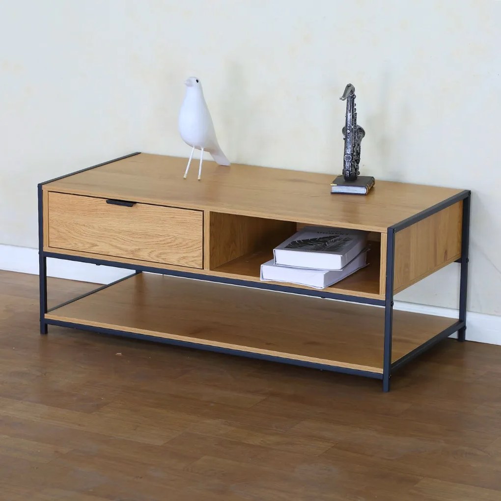 Intenso Home dohányzóasztal fiókkal 100 x 50cm (Aranytölgy) | Masszív fém váz, praktikus fiók