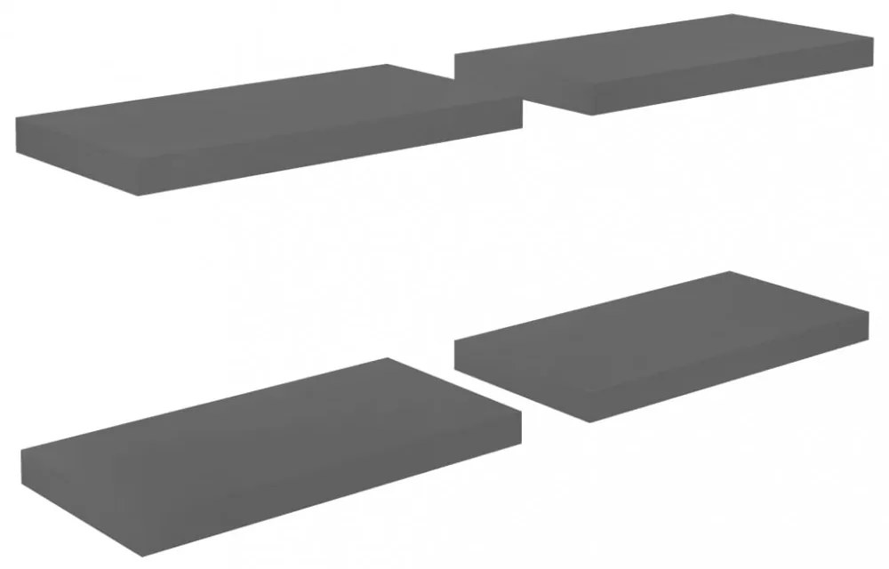 4 db magasfényű szürke MDF lebegő fali polc 50 x 23 x 3,8 cm