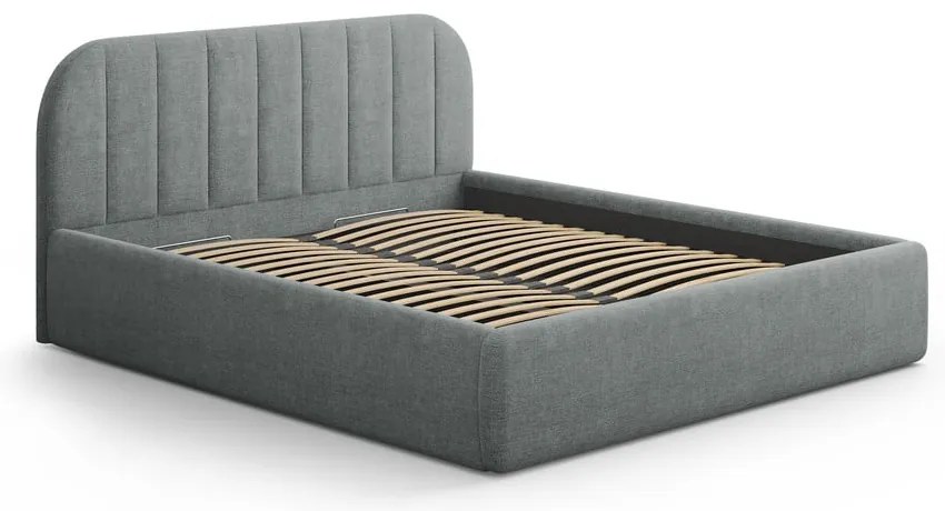 Sötétszürke kárpitozott ágyneműtartós franciaágy ágyráccsal 160x200 cm Juno – Windsor &amp; Co Sofas