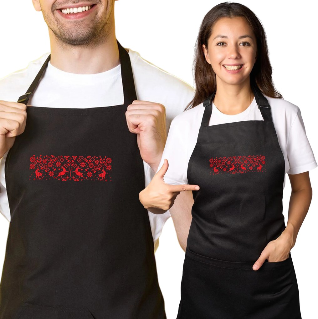 Konyhai kötény nyomott mintával ajándékba, karácsonyra, piros karácsonyi minták