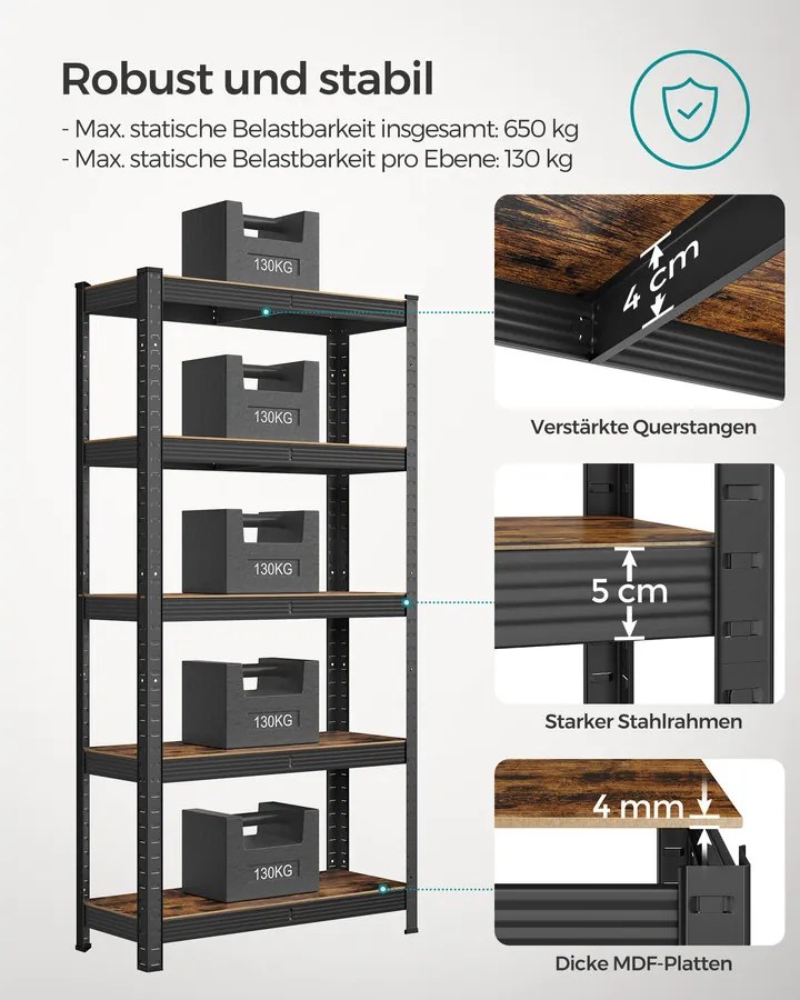 Nagy teherbírású tárolópolc, 5 állítható polccal, 650 kg teherbírás, 75 x 30 x 150 cm, rusztikus barna/fekete