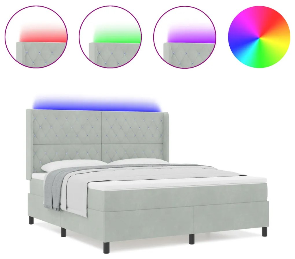 Boxspring Ágy Mattal és LED Fénnyel Szürke 180x200 cm Bársony