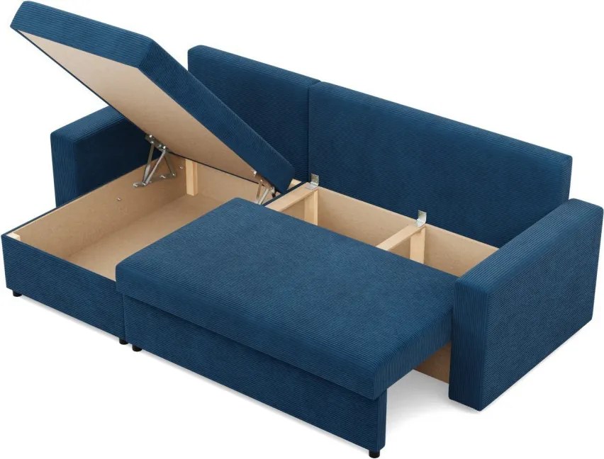 Zeus sarokkanapé, 2 ágyneműtartóval, egyenes kartámasz, kordbársony, univerzális oldal, hab töltet, kék