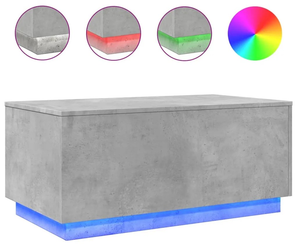 Betonszürke dohányzóasztal LED-lámpákkal 90x50x40 cm