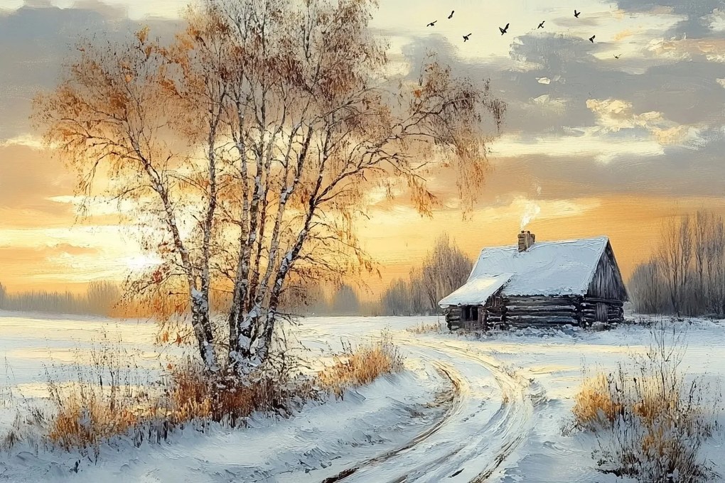 Vászonkép Canvas Tájkép Tél Nyírfa Hó Nap 120x80