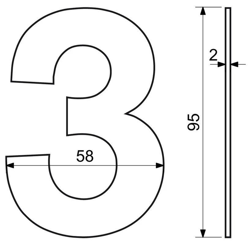 Házszám "3", RN.95L, rozsdamentes acél