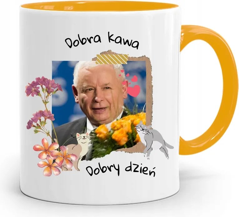 Sárga Vicces Bögre Jaroslaw Kaczynski felirattal, fényképpel