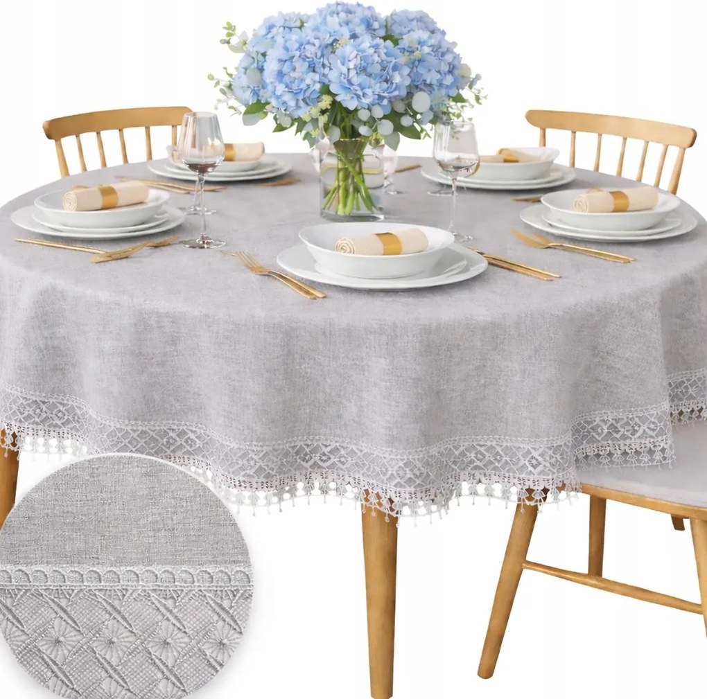 Abrosz Kerek Asztalra Szürke, gipiurával Kör 165 CM csipke sima elegáns