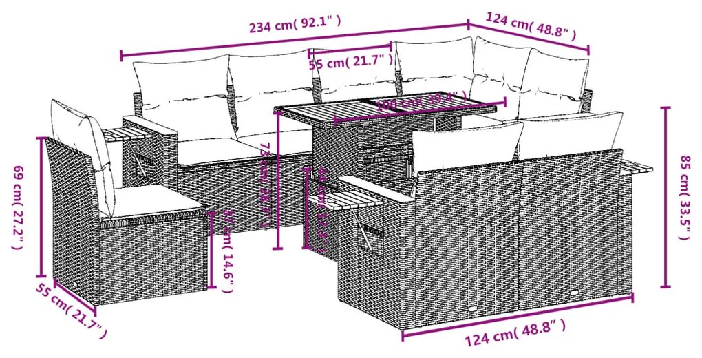 9-részes szürke polyrattan kerti ülőgarnitúra párnákkal