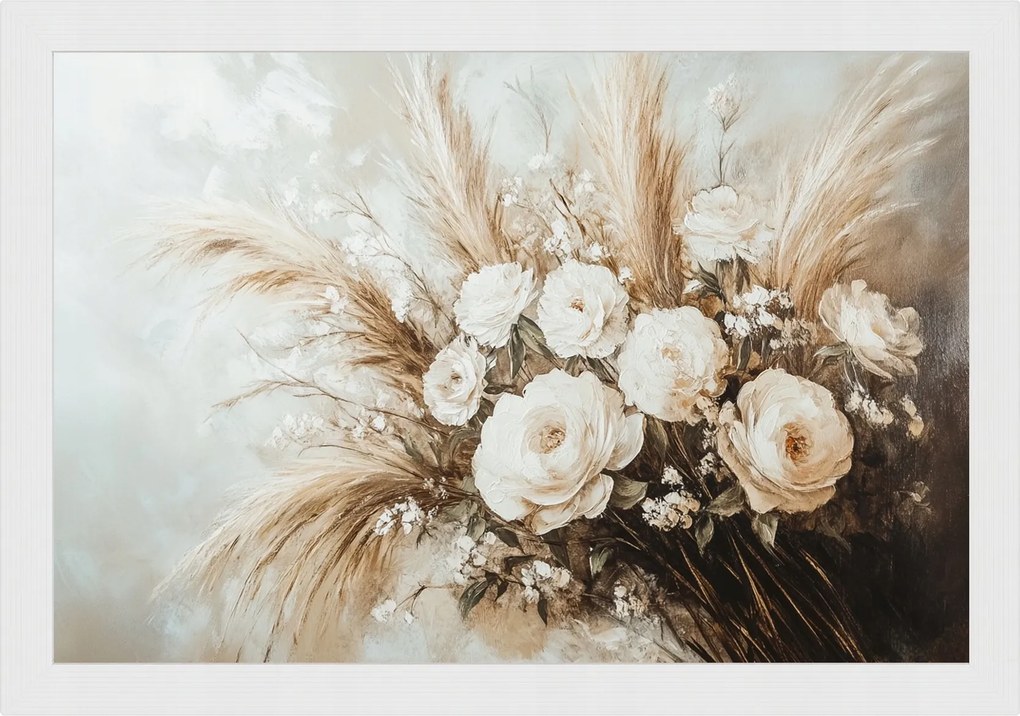 Poszter Keret Fa Csokor Fű Bazsarózsa Rózsa Kompozíció Boho 60x40