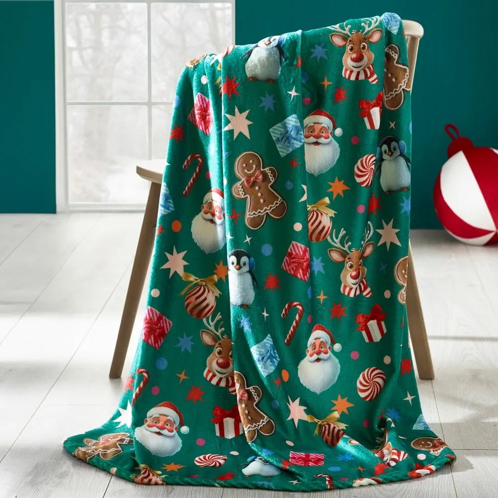 Zöld mikroplüss takaró karácsonyi mintával 130x170 cm Christmas Icons – Catherine Lansfield