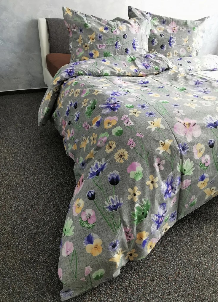 Ágynemű pamut Mezei Virágok szürke TiaHome - 1x Párna 90x70cm, 1x Paplan 140x200cm