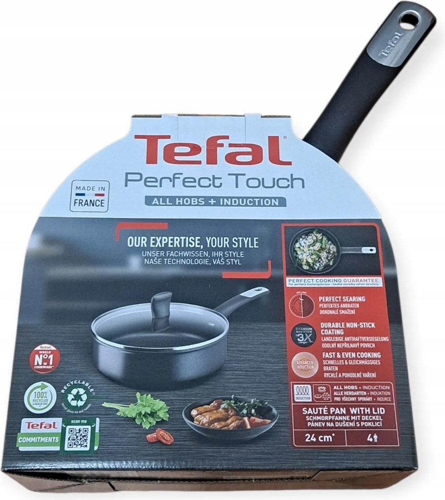 Mély serpenyő fedővel Tefal Perfect Touch 24 cm titán x3 Indukció/Gáz