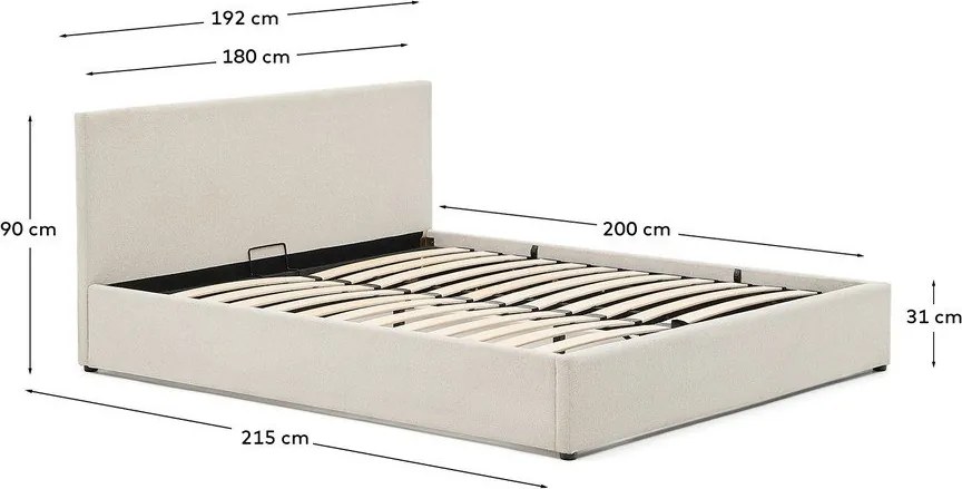 Bézs kárpitozott ágyneműtartós franciaágy ágyráccsal 180x200 cm Nahiri – Kave Home