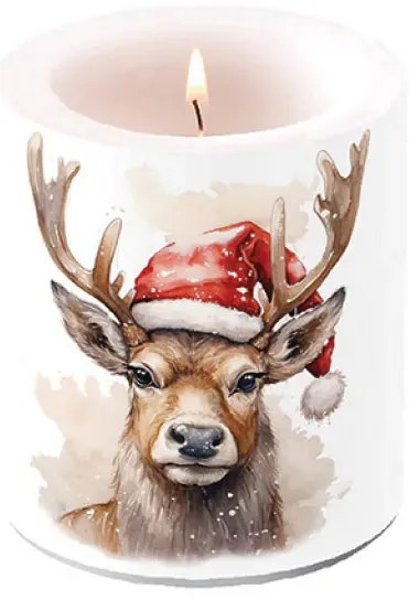 Karácsonyi rénszarvas átvilágítós viasz gyertya 10x10 cm Deer with Santa hat