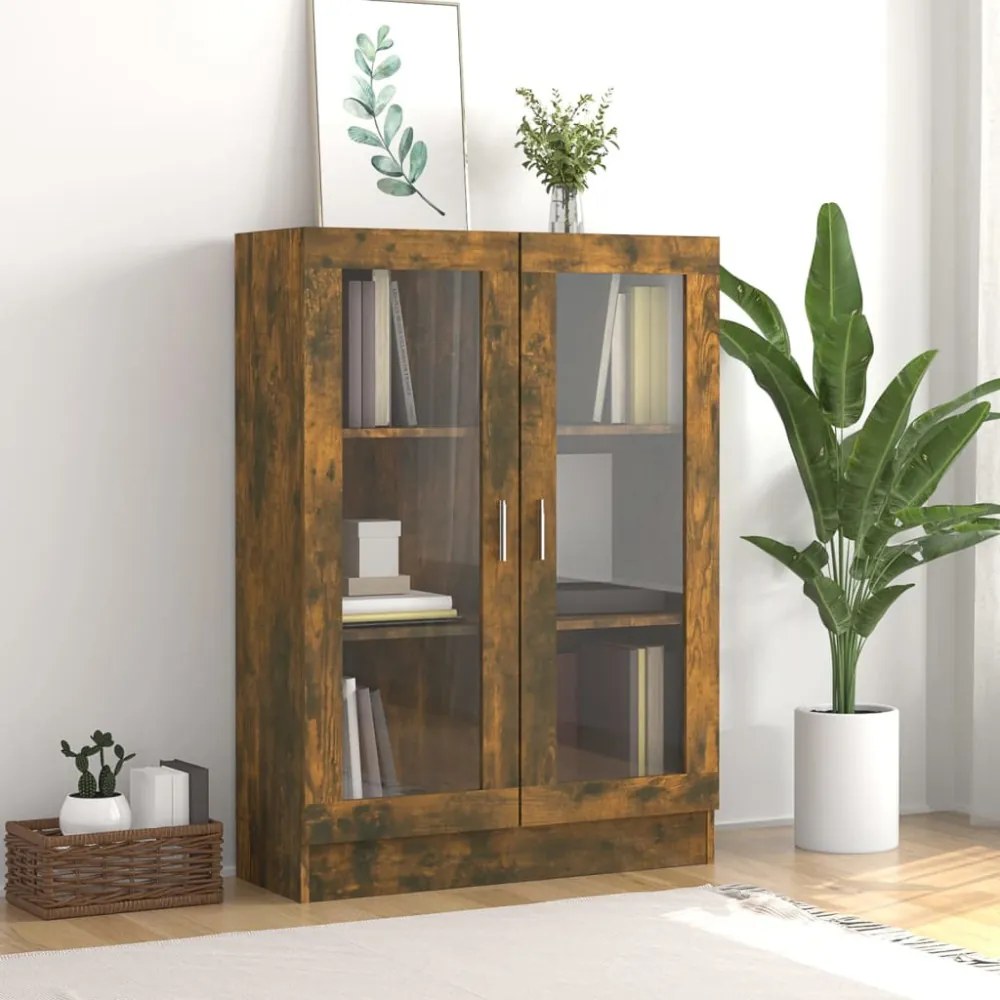 füstös tölgyszínű szerelt fa vitrinszekrény 82,5x30,5x115 cm