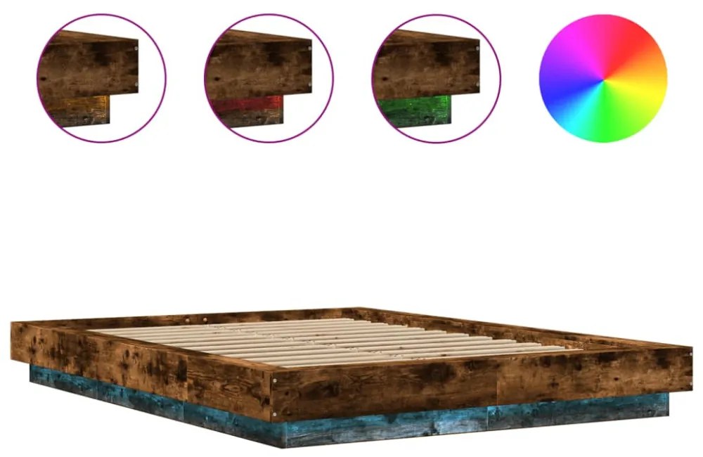füstös tölgyszínű szerelt fa ágykeret LED-del 120 x 200 cm