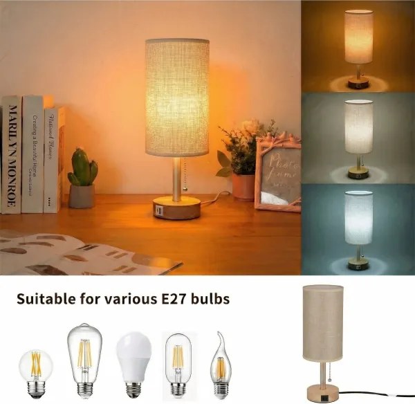 Brilagi - Asztali lámpa USB-porttal TABLON 1xE27/25W/230V tölgy/bézs