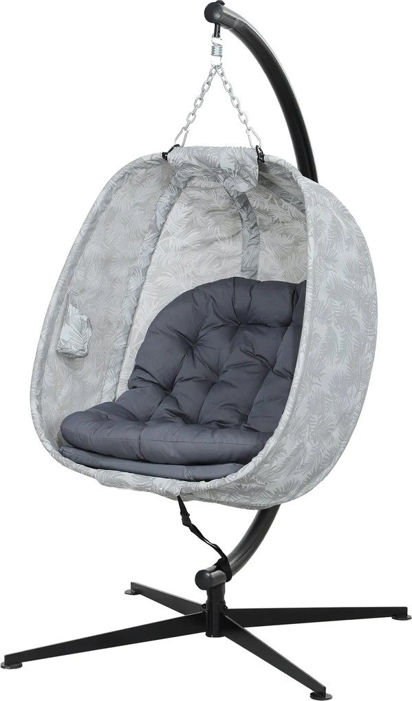 Outsunny Függőszék Állvánnyal, Összecsukható Tojásformájú Hintaágy Puhaszék Párnákkal, Hintaülőke Kültérre és Beltérre, Teraszra, Kertbe, Szürke | Aos