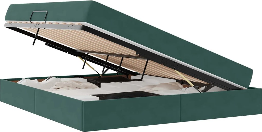 vidaXL Ágy tárolóval és matraccal Sötétzöld 160 x 200 cm Bársony