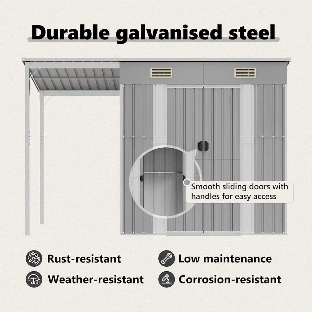 világosszürke acél kerti fészer meghosszabbított tetővel 277 x 107 x 181 cm
