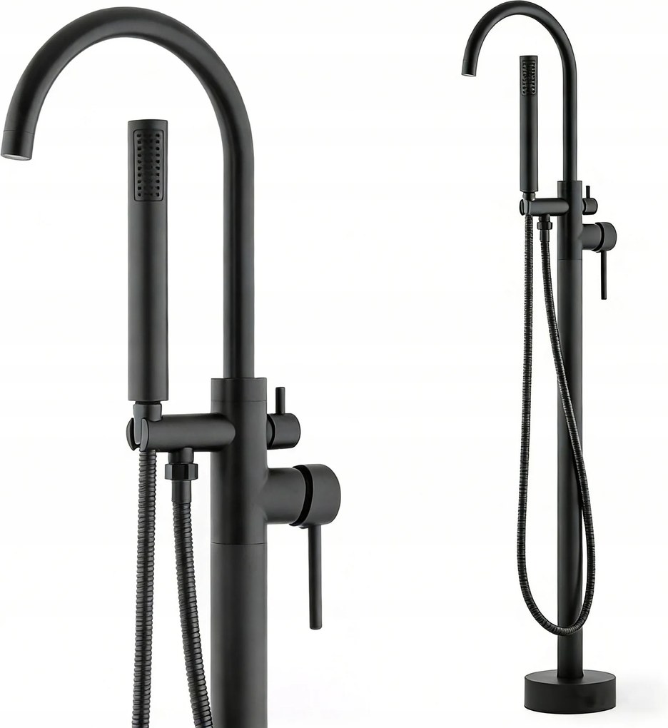 Kádtöltő Csaptelep Szabadon álló Padló Fekete Zuhany Tömlővel