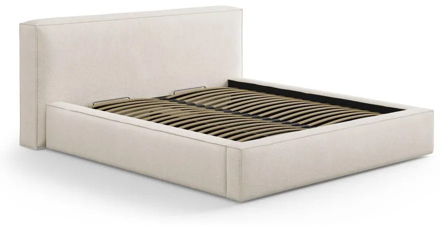 Krémszínű kárpitozott ágyneműtartós franciaágy ágyráccsal 200x200 cm Simon – Micadoni