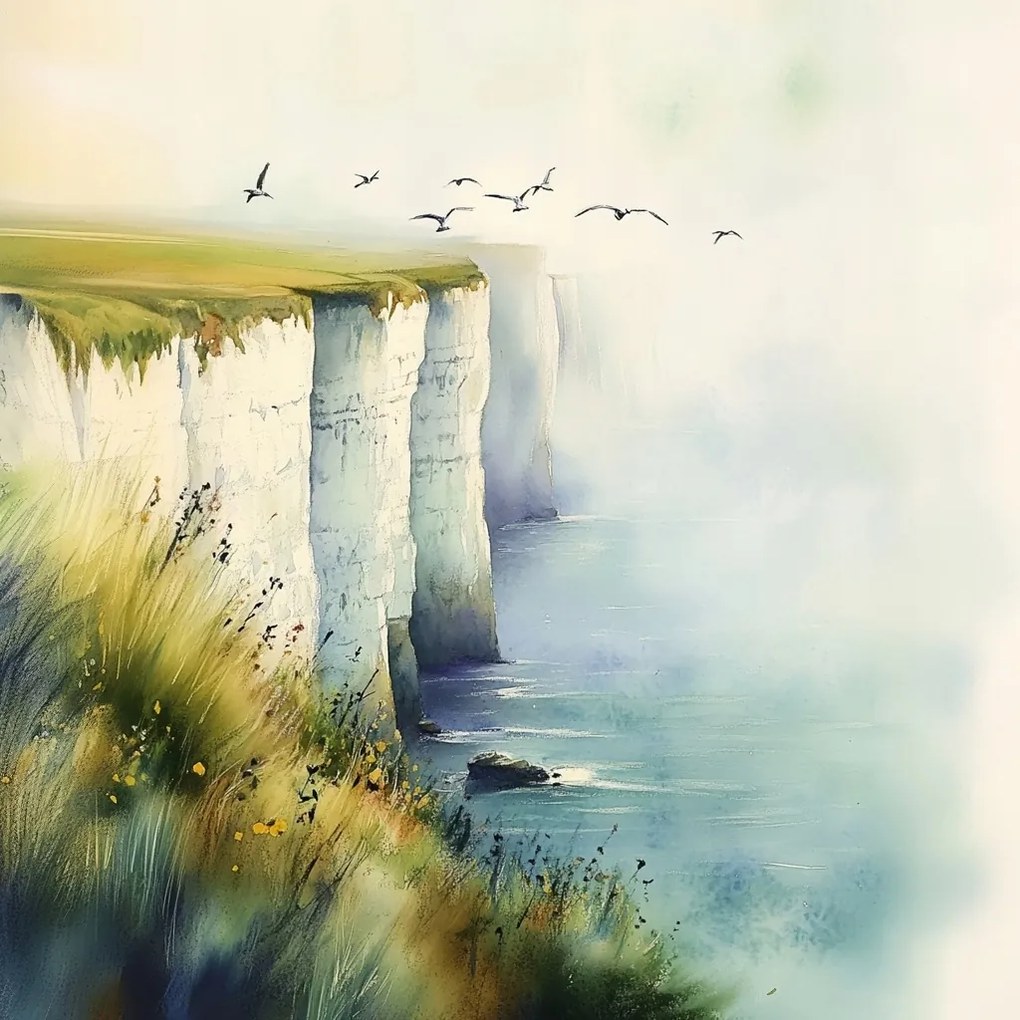 Vászonkép Canvas Tájkép Tenger Fehér Sziklák Dover Köd Madarak 80x80
