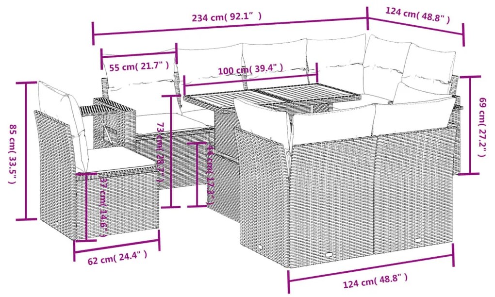 9-részes bézs polyrattan kerti ülőgarnitúra párnákkal